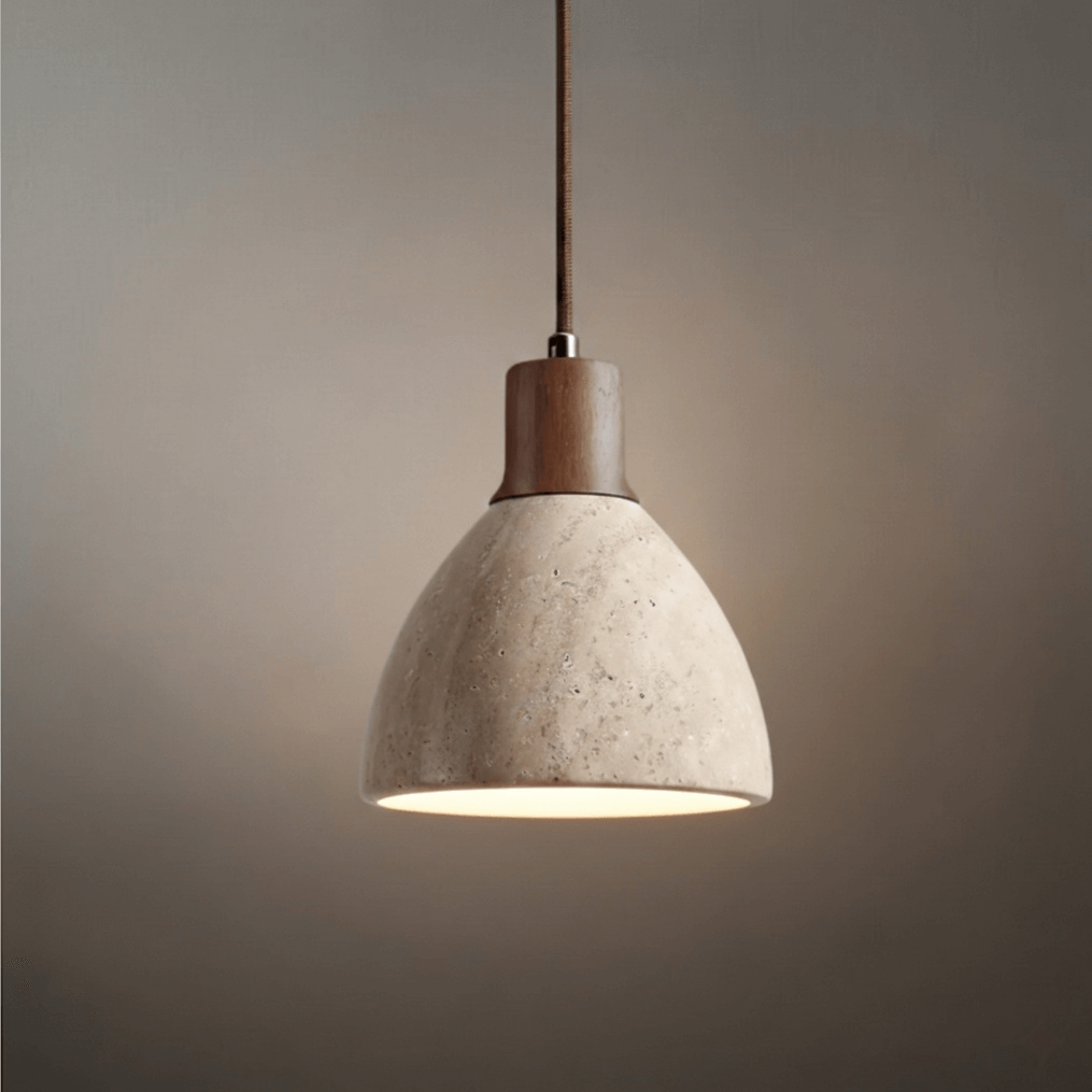 Strata Modern Organic Pendant Light — Travertine Stone & Wood Kitchen Island Lighting