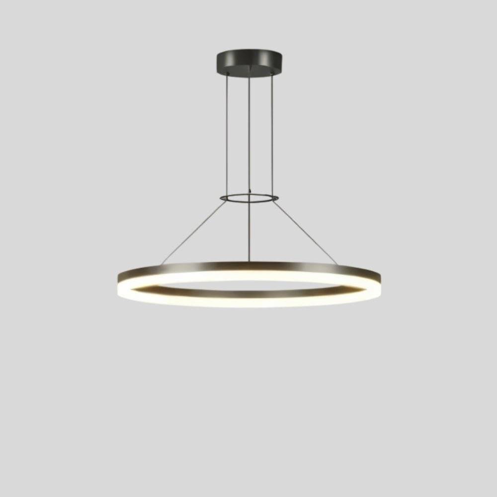 "A modern ring chandelier with a lit ring against a grey background."