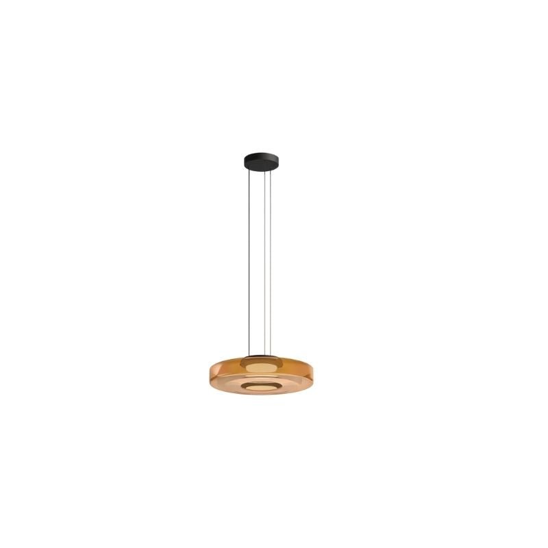 "A single amber glass disc pendant light."