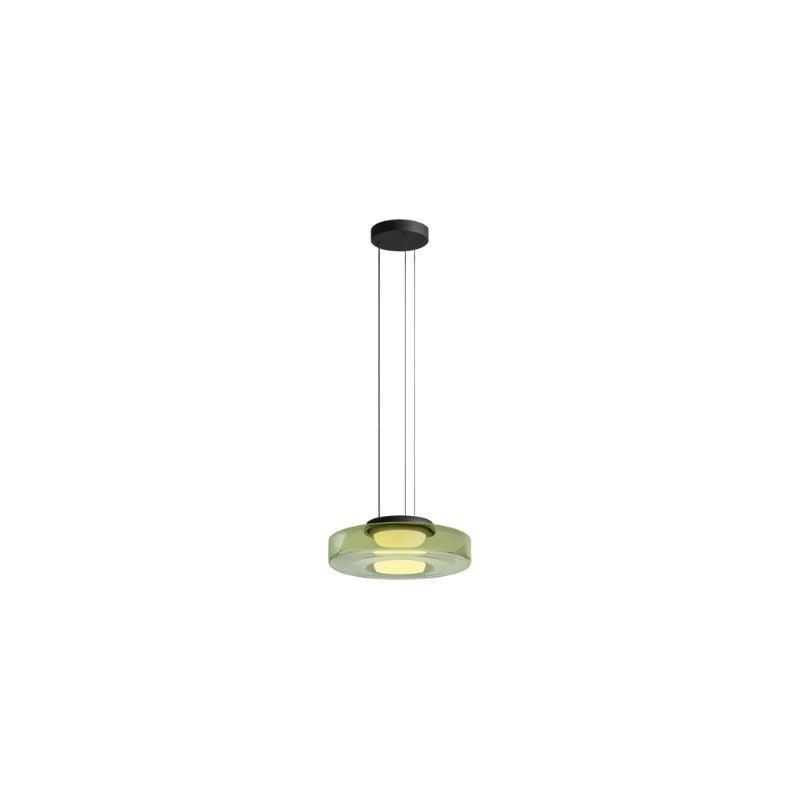 "A single green glass disc pendant light."