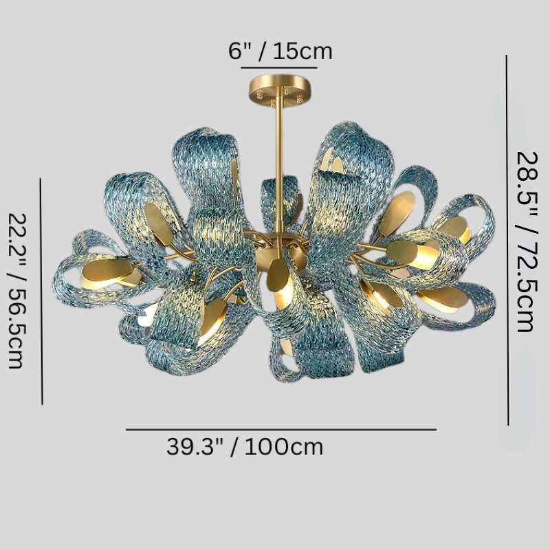 Teal textured chandelier with brass accents and curved petal-shaped arms against a gray background.